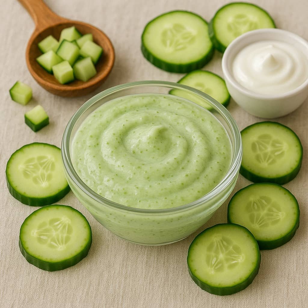 Refreshing cucumber and yogurt face mask in a glass bowl surrounded by cucumber slices