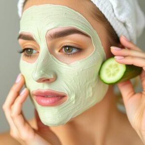 Woman applying cucumber cooling face mask for fresh, glowing skin