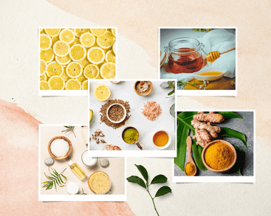 The arrangement features natural skincare ingredients displayed as lemon slices combined with honey and turmeric and rock salt and oil which sits on a soft pink and beige background. Enhance My Look glow ideas.