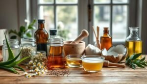 Natural skincare ingredients including oils, herbs, and fresh aloe on a wooden table.