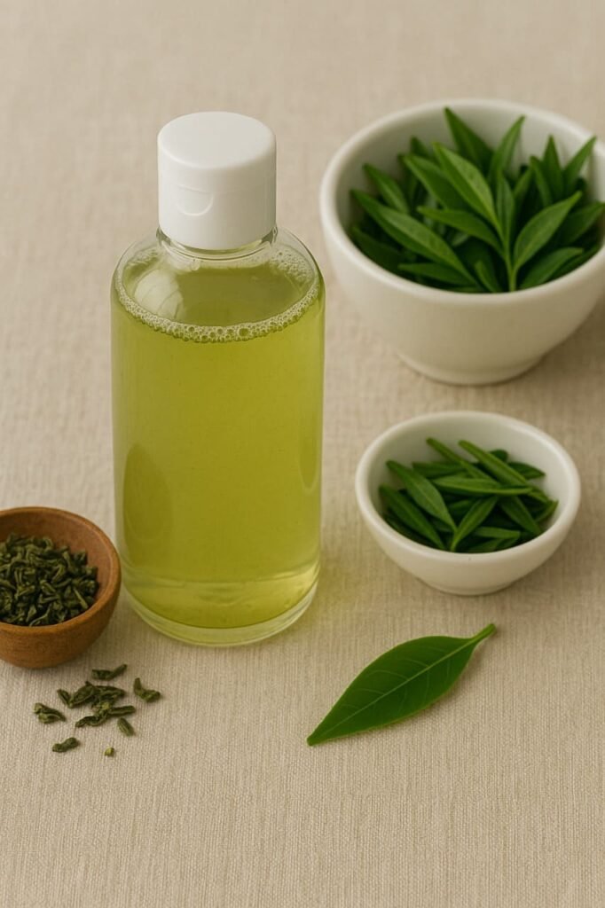 Tea tree toner bottle with green herbal design, used for acne-prone and oily skin.