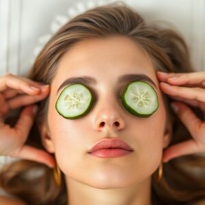 Woman relaxing with cucumber slices on eyes to reduce puffiness