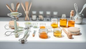 Natural skincare tools, facial rollers, oils, and beauty ingredients arranged on a bright white table.