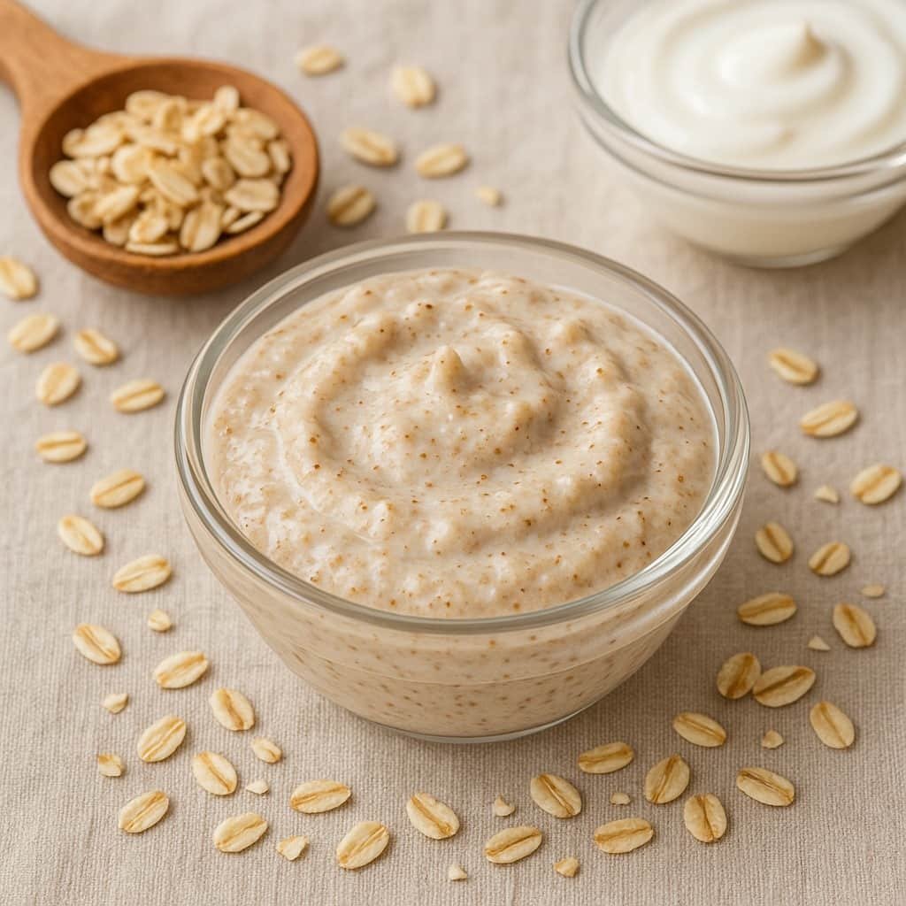 Natural oatmeal and yogurt face mask in a glass bowl for skincare