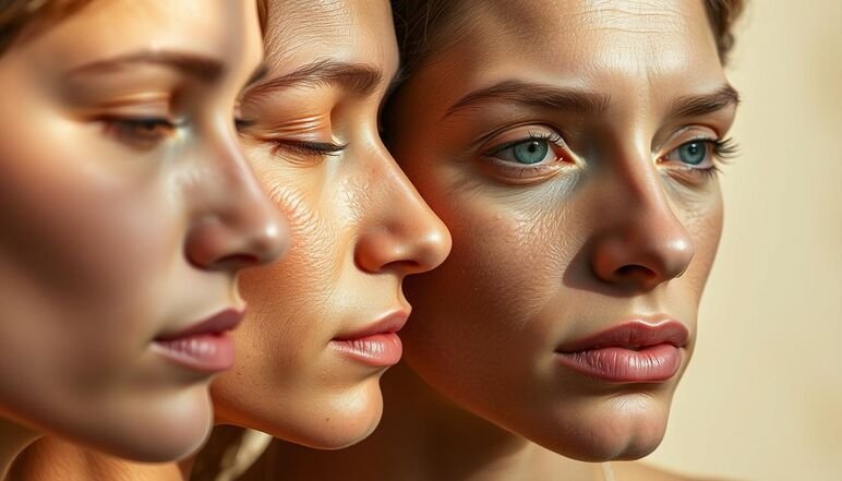 Close-up of three women with glowing, natural skin in soft lighting.