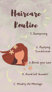 "Haircare routine infographic with illustrated woman and five steps: shampooing, conditioner, brushing, avoiding hot showers, and oil massage."