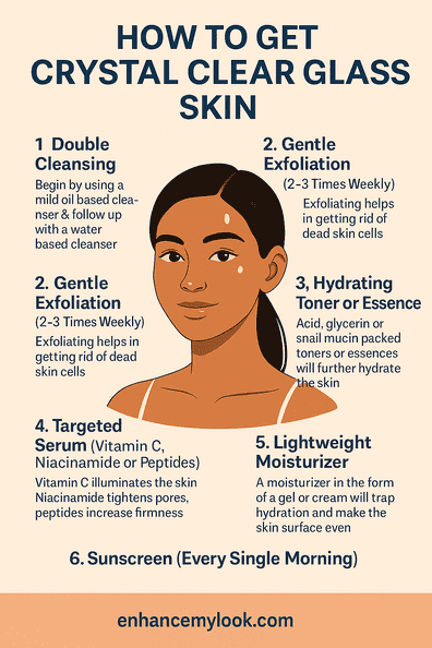  Illustrated skincare routine showing six steps to achieve crystal clear glass skin, including cleansing, exfoliation, and sunscreen.