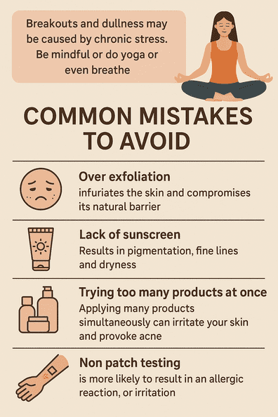 Infographic showing common skincare mistakes with icons and explanations, including over-exfoliation, lack of sunscreen, using too many products, and not patch testing.