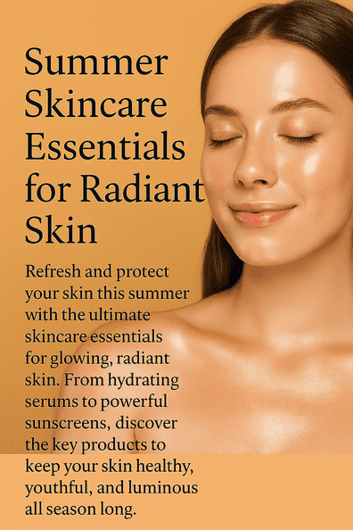 Woman with glowing skin promoting summer skincare essentials.