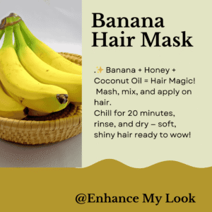 Homemade banana hair mask ingredients — banana, honey, and coconut oil — arranged on a soft pink background with greenery and haircare tip text.