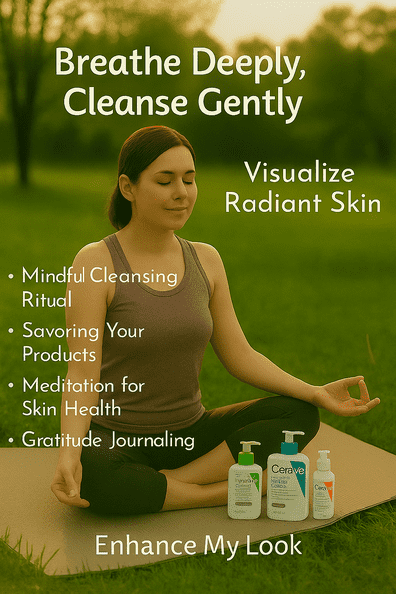 Mindful skincare routine with breathwork and gentle cleansing for glowing skin.